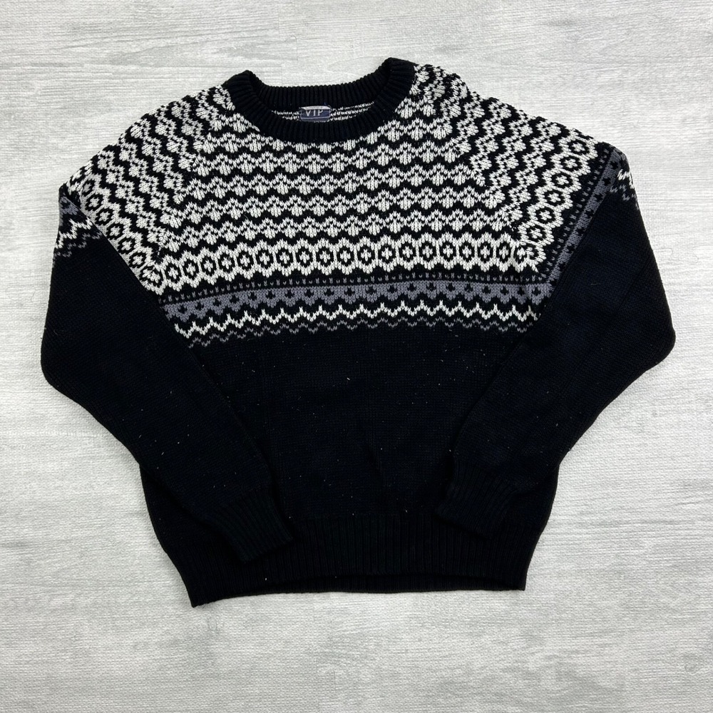 Vintage 80s VIP Geometric Sweater‎ Size Medium Black White Grandpa Pullover